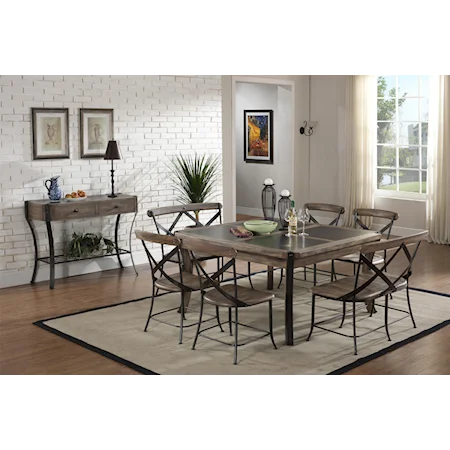 7-Piece Rustic Metal & Wood Square Dining Table, Side Chair, & Bench Set